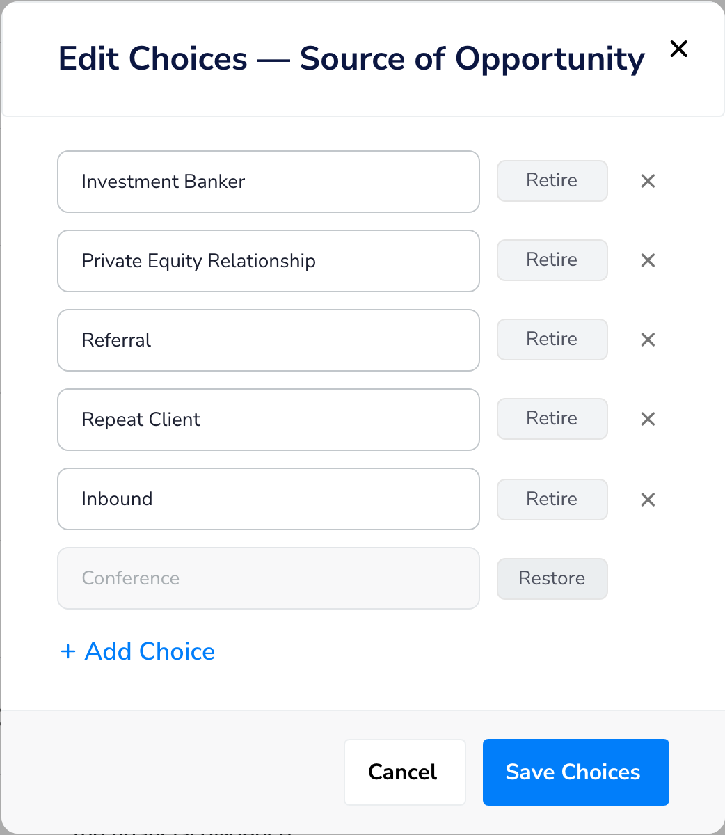 The Edit Choices window for Source of Opportunity, with a retired choice that can be restored