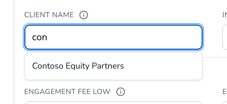 Typing con in Client Name shows a suggestion from another engagement