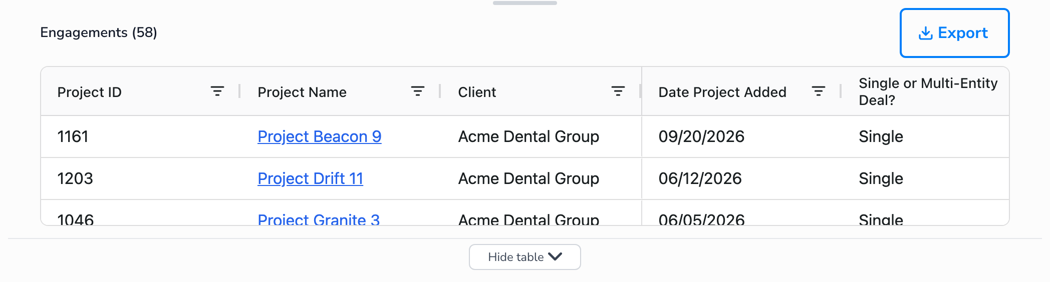 The engagement table with the Export button above it and the Hide table button below it