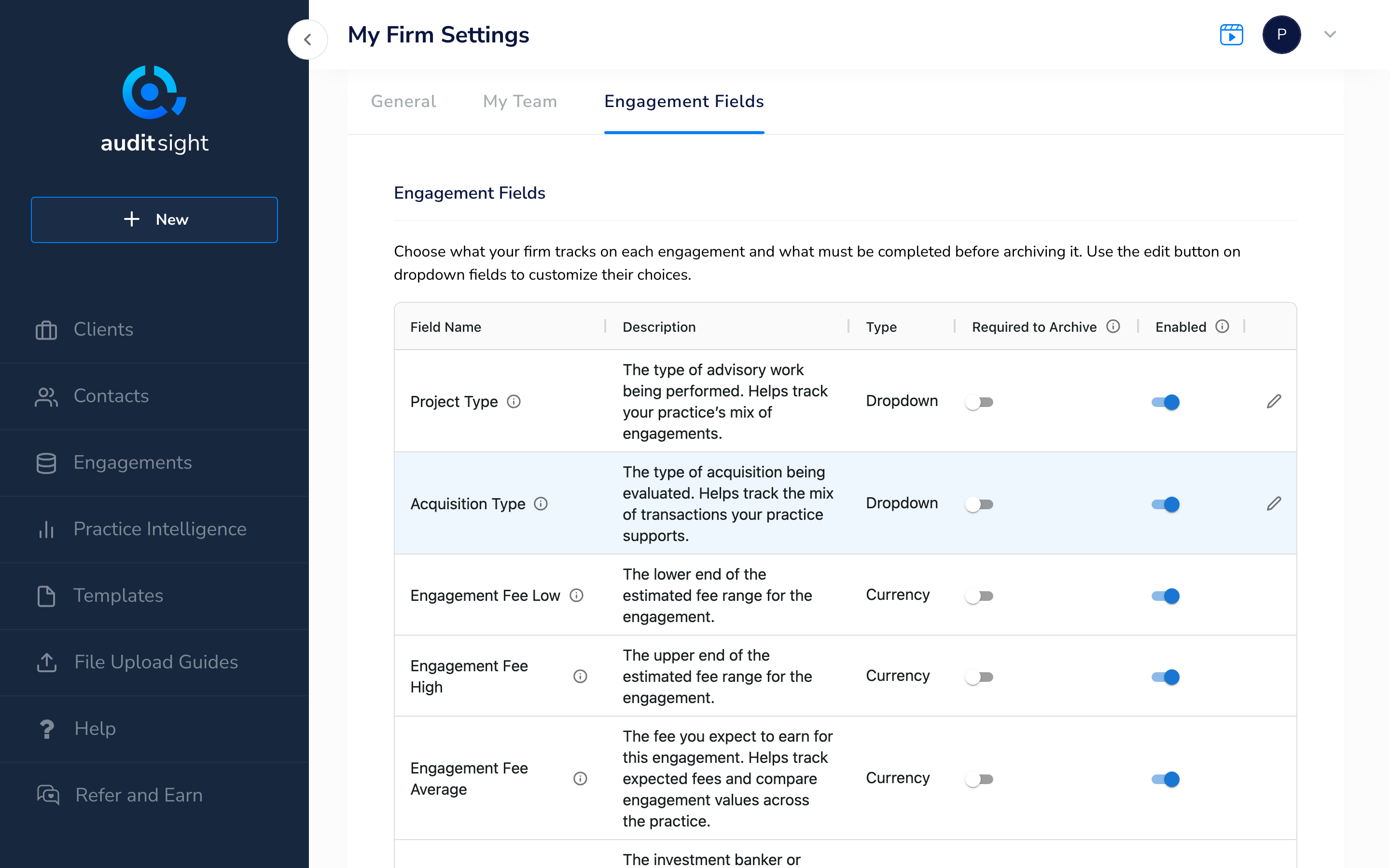 The Engagement Fields tab in My Firm Settings, listing each field with its description, type, Required to Archive switch and Enabled switch