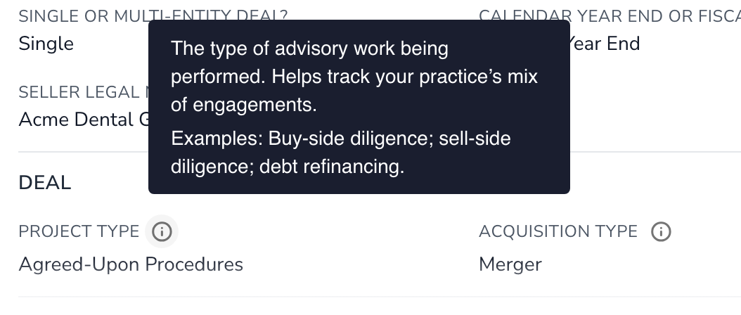 Help for Project Type: the type of advisory work being performed, with examples