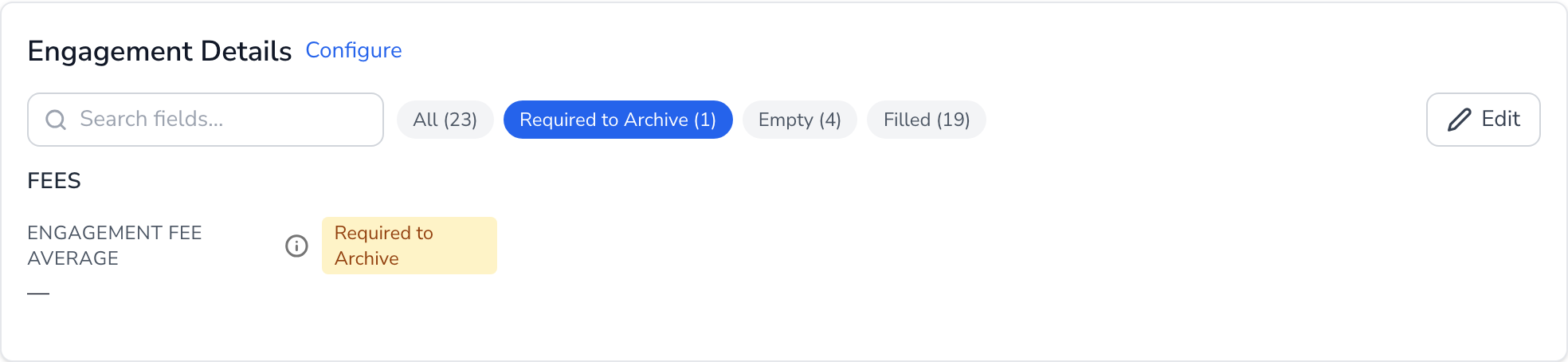 Engagement Details filtered to Required to Archive, showing the empty Engagement Fee Average detail