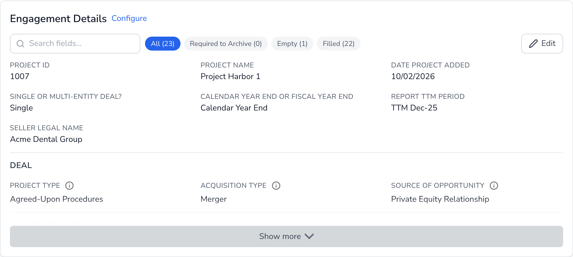 The Engagement Details section on an engagement's Summary tab, with the search box, the All, Required to Archive, Empty and Filled buttons, and the Edit button
