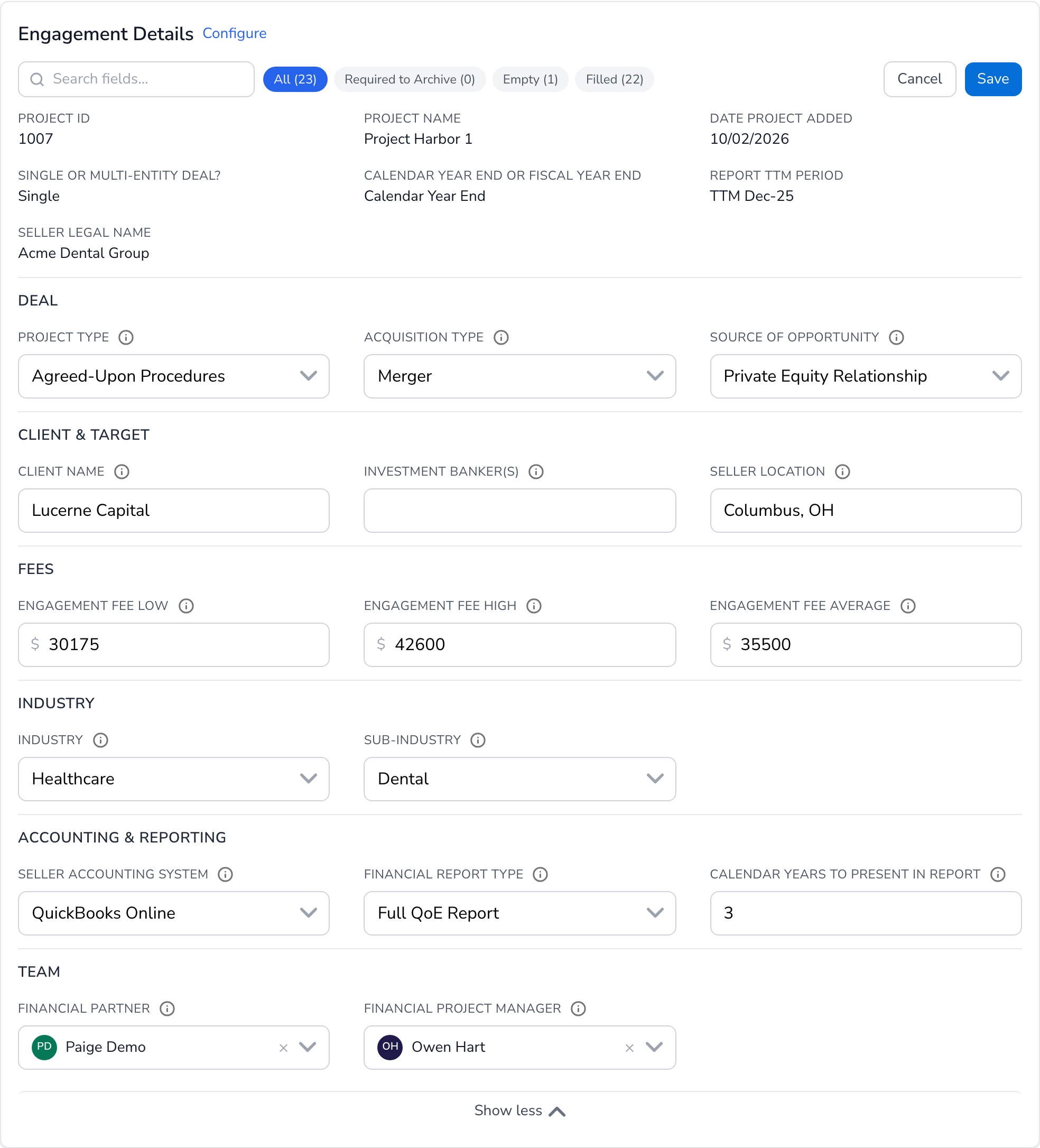 Engagement Details in edit mode, with dropdowns, text boxes, fee boxes and people grouped by section, and Cancel and Save buttons